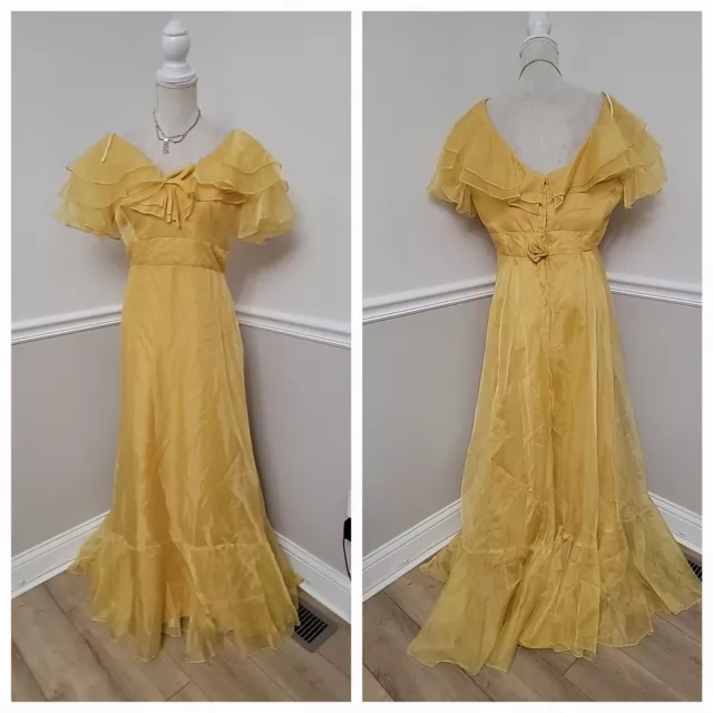 VTG"70s  Mustard  Chiffon Hostess/Boho/ Hippie/ Prairie/ Cottagecore Dress L/XL?