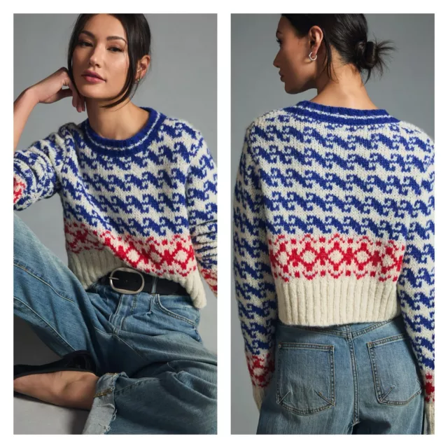 MOTHER wide sleeve jumper crop sweater alpaca wool white red blue chunky small