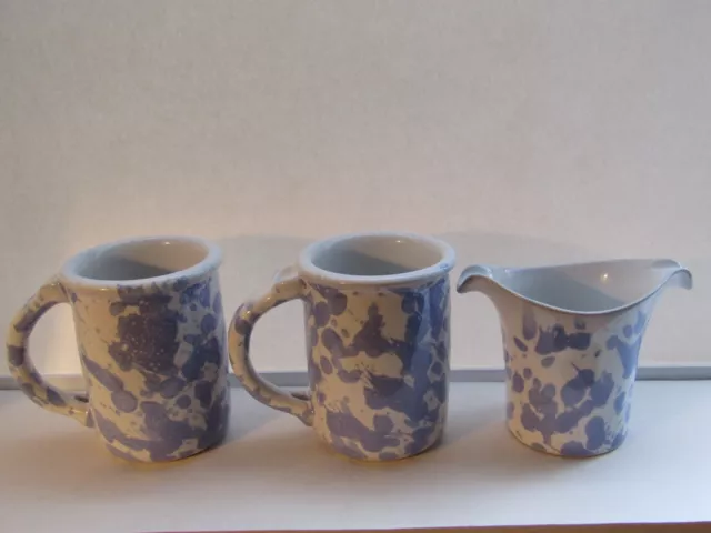 2 Vtg Bennington Potters Morning Glory Blue Agate Thumb Rest Mugs 1967 & Creamer