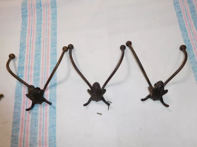 Antique ~ Salvage ~ Three Cast Iron Double Hat/Coat Hooks 7" wide          #2497