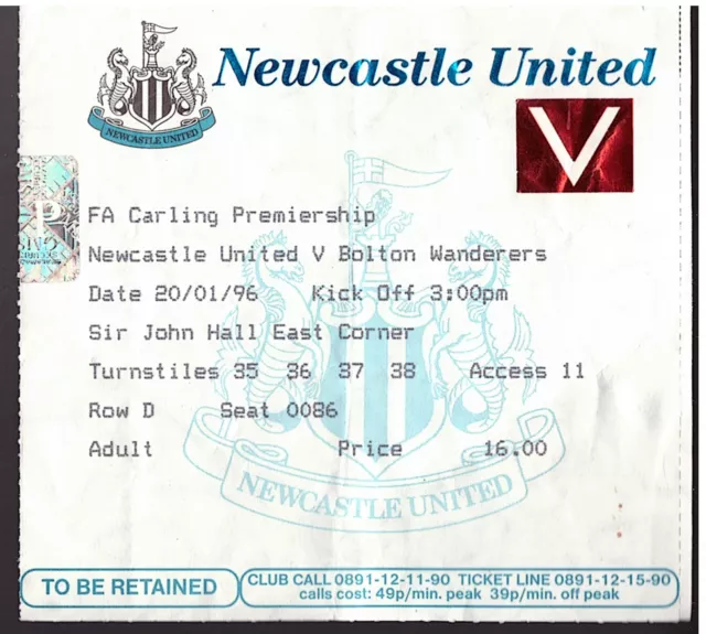 Newcastle Utd v Bolton Wanderers 1995/96 Premiership Match Ticket - 20/01/1996