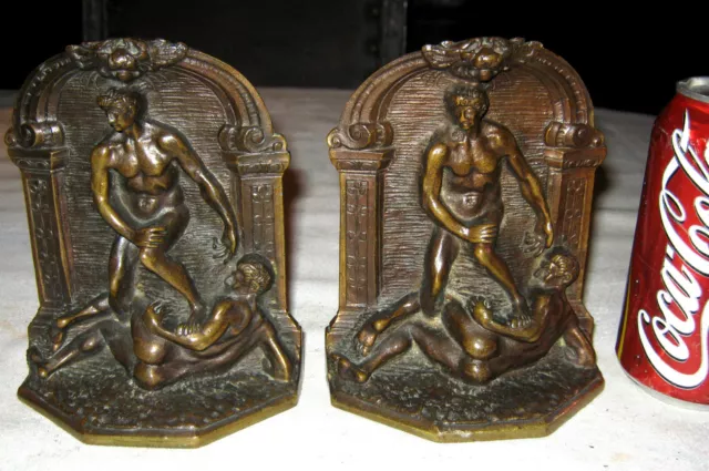 Antique Solid Bronze Nude Greek Man Wrestler Bookends Gay Statue Art Sculpture