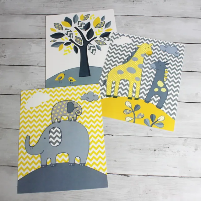 Nursery Wall Art Gray Yellow Elephants Giraffes Jungle Animals 8 x 10 Prints Lot