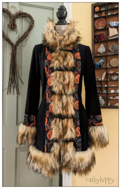 Joe Browns Black Velvet Faux Fur Embroidered Afghan Penny Lane Coat 8 Boho Hippy