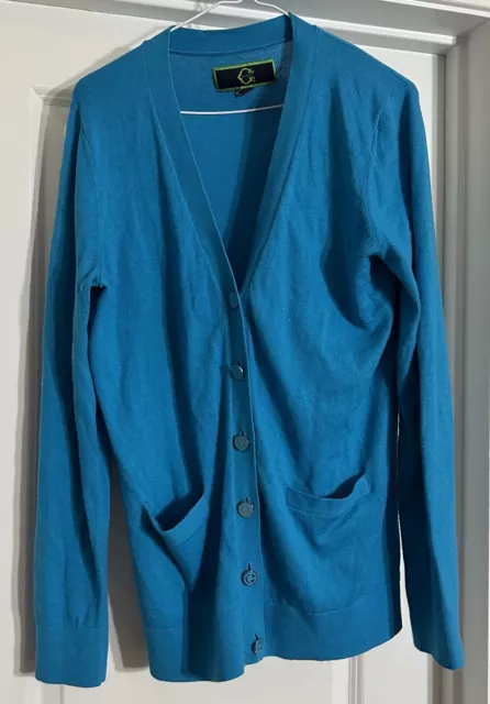 C Wonder Teal Blue Cardigan Metal Buttons Women’s Large Cotton Wool Cashmere