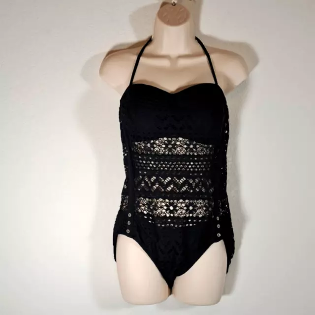 Robin Piccone Women’s Swimsuit Black Crochet One Piece Penelope Padded Size 12