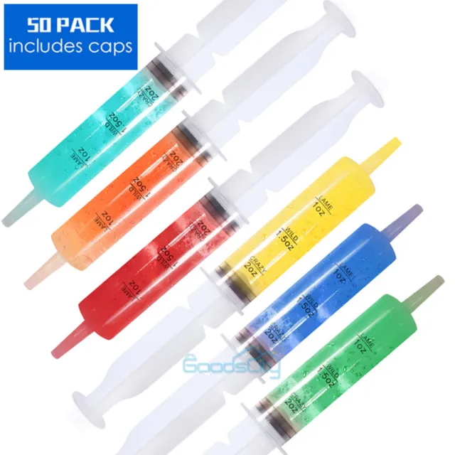 50Pcs Shot Syringes, 2oz Reusable Plastic Tubes, Container w/Cap for Party