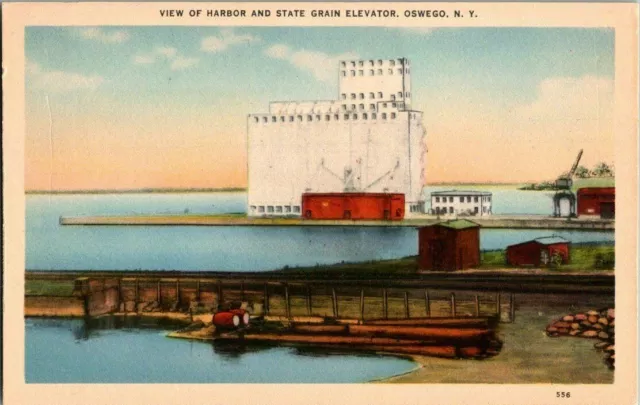 1930'S. Oswego, Ny. View Of Harbor & State Grain Elevator Postcard. Db37