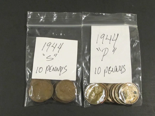 1944 " S "  &  1944 " P "  Lincoln Wheat Cent / Penny Lot Of 20 Coins