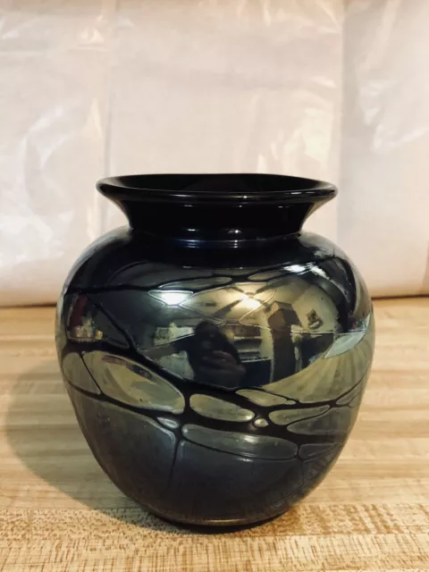 Hand Blown Thick glass vase Iridescent Crackled Signed M smith 2007.