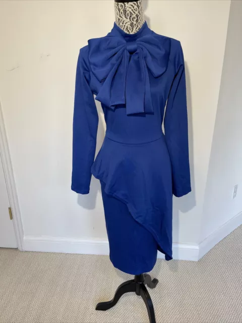 Formal Size L Blue Chest Bow Midi Pencil Dress Stretchy Long Sleeve