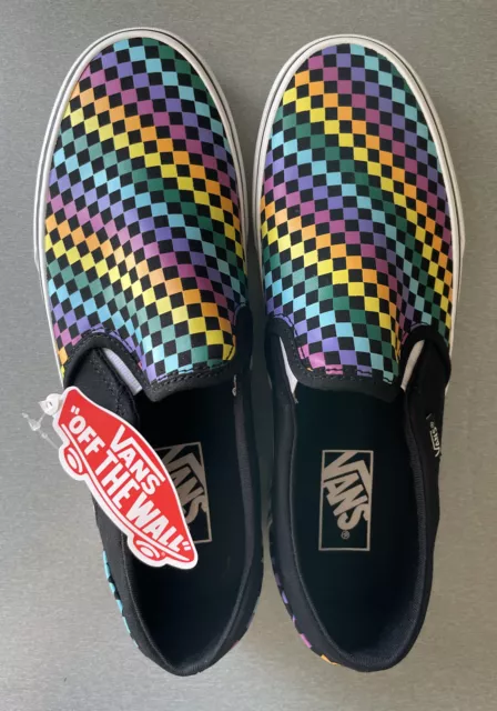 New Womens Vans Skate Slip On Shoes Size 9 Rainbow Mini Checkerboard Black White