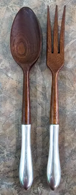 Wood Salad Serving Set, Spoon & Fork with Sterling Silver Handles
