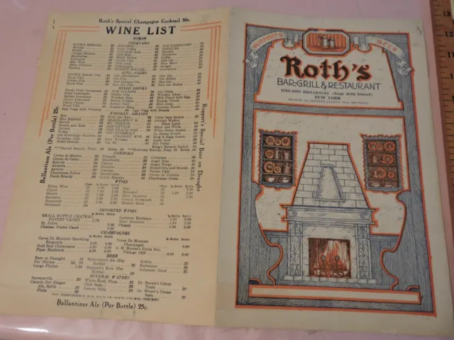 Rare 1935 Roth's Restaurant MENU New York NYC Times Sq Ruppert's Beer Chow Mein