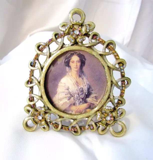 VTG Enameled AB Rhinestone Studded Picture Frame Ornate 2" Diameter Gorgeous WoW