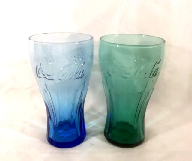 Set of 2 Coke Contour Glasses 1 Blue 1 Green Embossed with "Coca Cola"