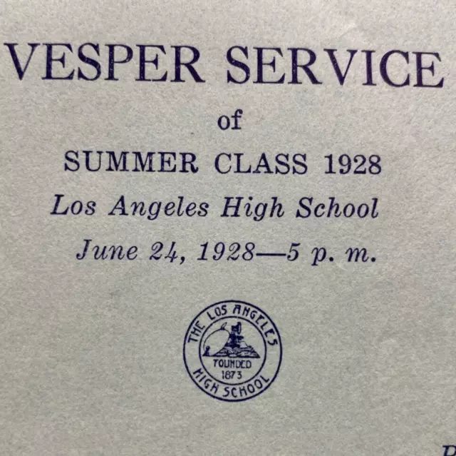 De colección 1928 Los Ángeles High School Verano Clase Víspera Horario de servicio LAHS