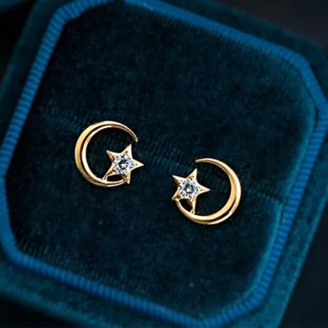 0.50 Ct Round Cut Cubic Zirconia Moon Star Stud Earrings 14K Yellow Gold Plated