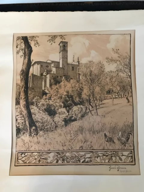 Original Lithographie Couleur Hans Thoma Motif Gardone La Sopra 1897 Dédicacé