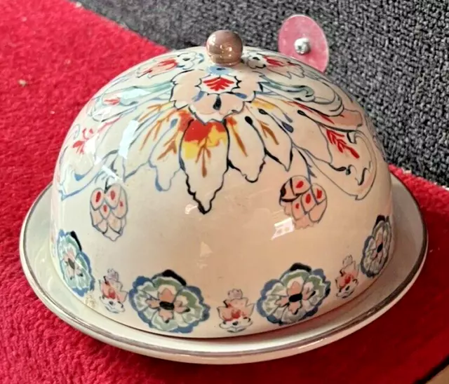 Anthropologie Ceramic Floral Covered Butter Cheese Dish Domed Lid 7" 