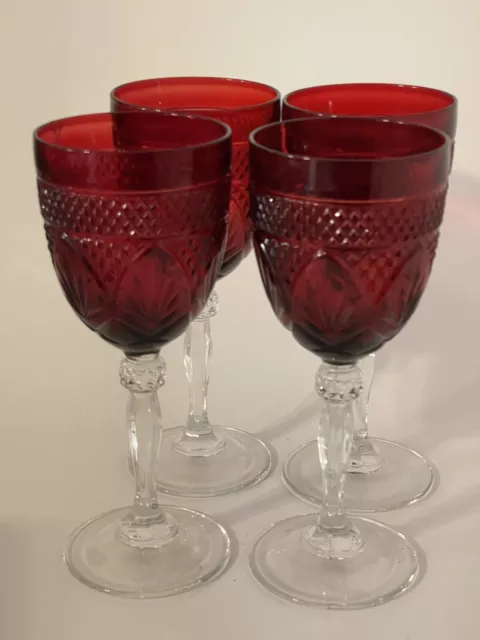 Vintage Set o/ Four Red, Clear, Etched, Wine Glasses, Water Goblets 8.5” Tall