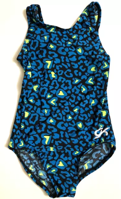 GK Elite CS Gymnastics Dance Leotard Child Small Blue Lime Green Print