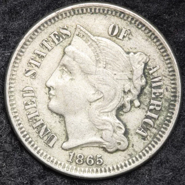 1865 Three Cent Nickel Piece CHOICE AU FREE SHIPPING E186 KET
