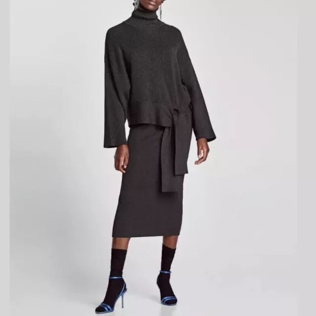 ZARA Grey Seamless Co-ord Set Cut Out Gathered Top & High Waist Midi Skirt  M-L