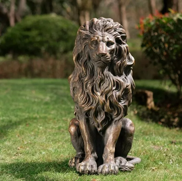 Guardian Lion Garden Sculpture Entrance Statue Bronze Finish Door Figurine Guard