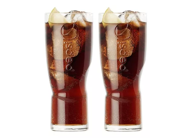 Set Of 2 x Pepsi Embossed Highball Glasses 16oz Clear Glass Brand New Genuine