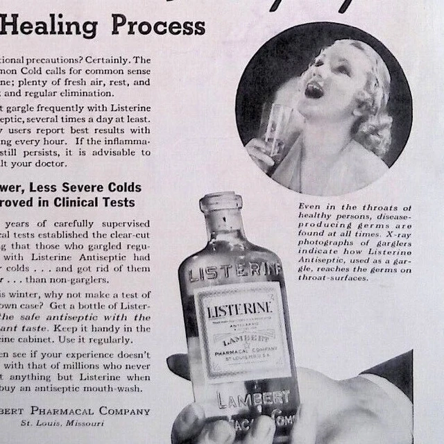 1937 LISTERINE ANTISEPTIC Mouthwash Sore Throat Gargle Treatment