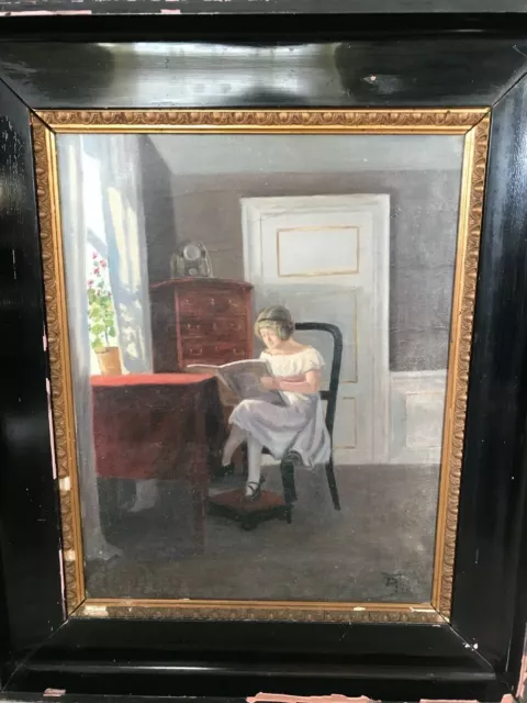 Antique 19th Century? Oil on Canvas -Study of a Girl reading, framed and signed