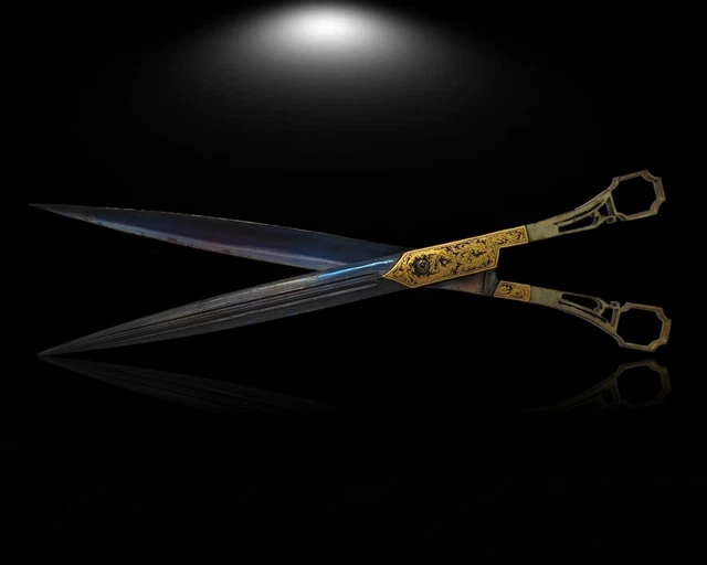 Pair Of Persian Islamic Calligraphy Scissors Damascened Dense Scrolling Foliage