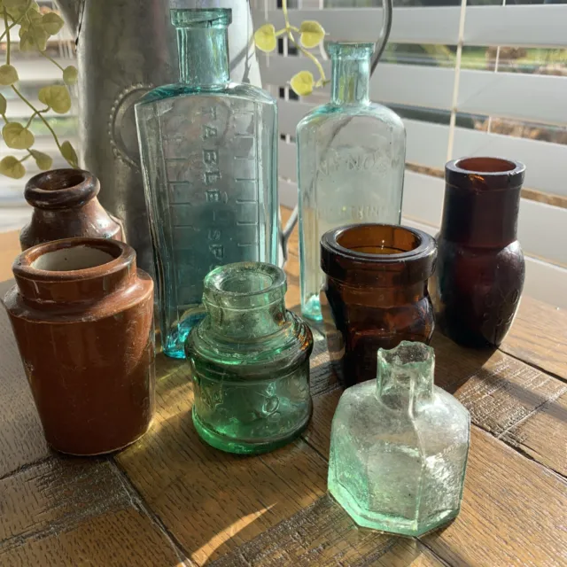 Old Fashioned Medicine Glass Bottles, Victorian Ink Stoneware, Glass Inks x 8