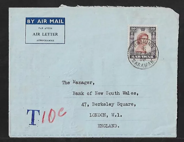 MALAYA SARAWAK KUCHING TO UK AIR MAIL 30c ON TAX DUE COVER 1959