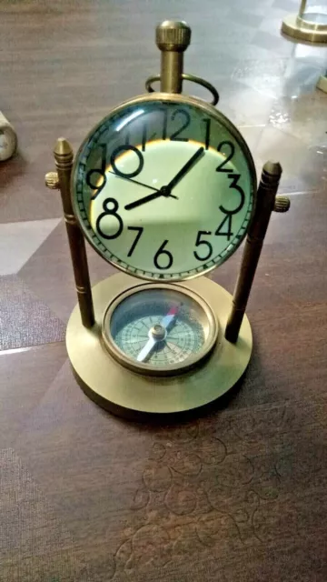 Antique Messing Schreibtisch Tisch Uhr mit Sockel Kompass Nautisch Viktorianisch