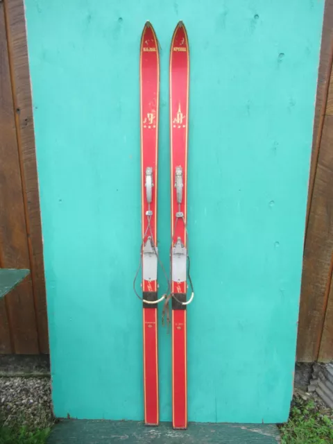 BEAUTIFUL Vintage Wooden 72" Long Snow Skis Old RED Finish Cable Bindings