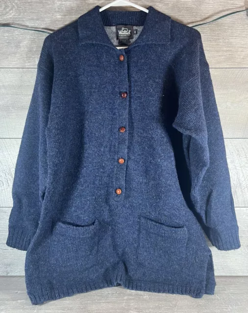 Woolrich Woman Pure Wool 3/4 Button Pullover Tunic Sweater Patch Pockets Blue M