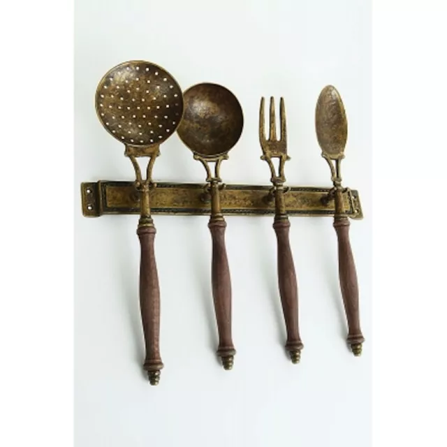 Set 4 Utensilios Útiles de Cocina de Latón Pulido y de Madera Con Soporte 2