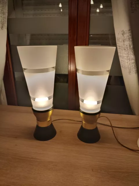 Paire de Lampes à Poser, De Chevet Métal et Diffuseur En Verre Givré Midcentury