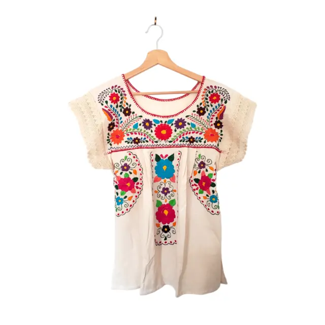 Traditional Mexican Embroidered Floral Top Blouse Handmade Peasant Boho Oaxaca