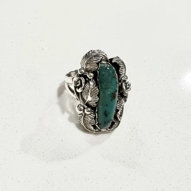 Les Baker Navajo Sterling Silver Green Turquoise Squash Blossom Ring Size 6