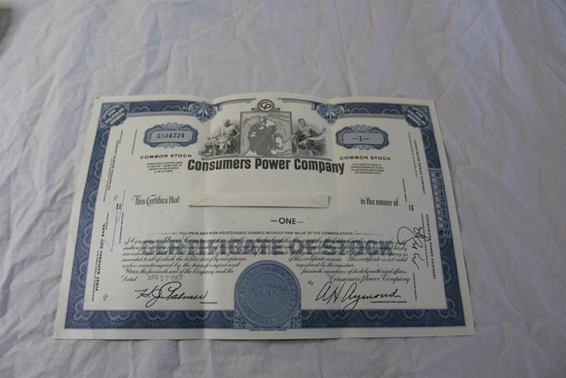 1967 Vintage Stock Certificate Consumers Power Company 1 Share