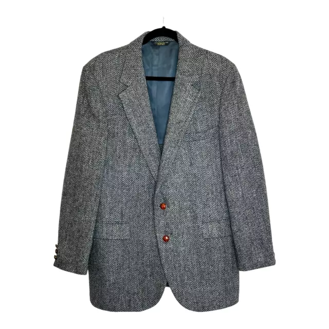 Vintage Scottish Wool Harris Tweed Sport Coat Blazer 44R Gray Grandpa Buttons