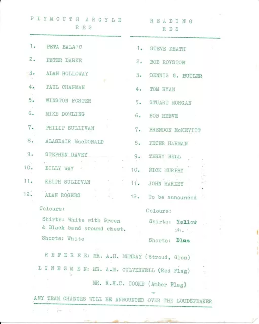 Plymouth Argyle Reserves v Reading (Combination) 1970/1971 - single sheet