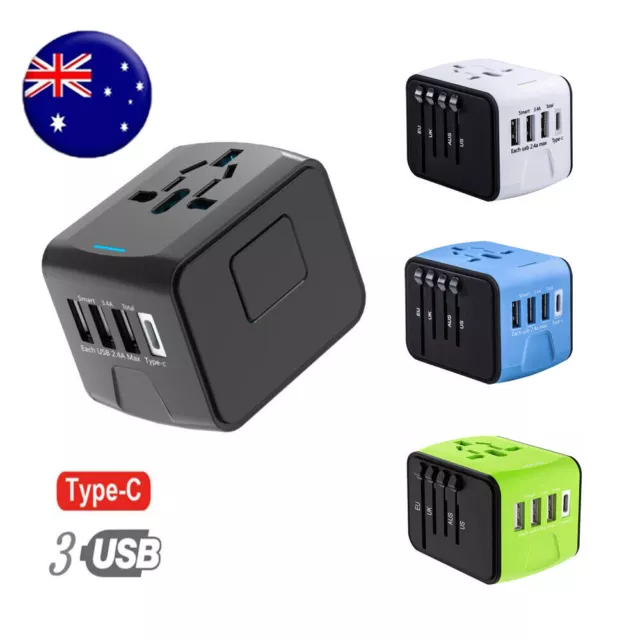 International Universal Travel Adapter With 3 USB+ Type C AC Power Charger AU