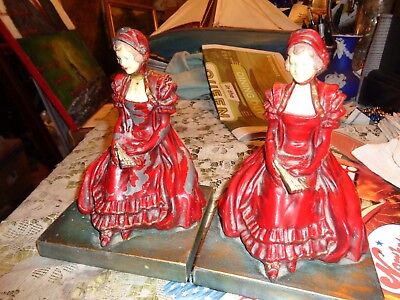 Deco bronze clad enamaled Victorian ladies with fans-cast brass base-BookendsWOW