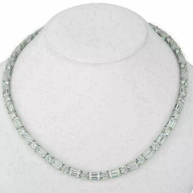 34 Ct Lab Created Emerald & Round Cut Diamond Tennis Necklace 14 K White Gold FN