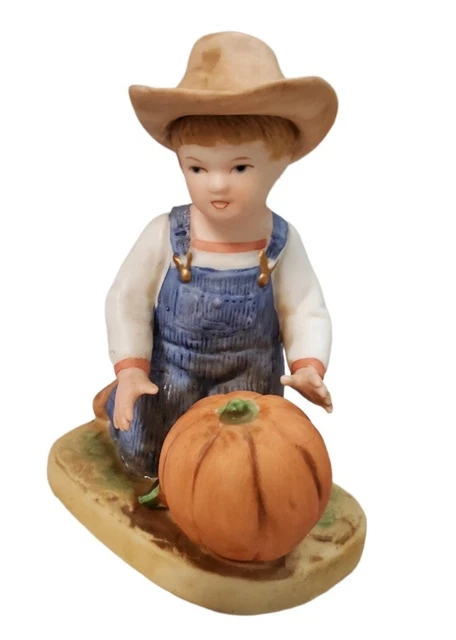 Vtg. Homco Denim Days Harvest Helpers Boy With Pumpkin #1518  Figurine