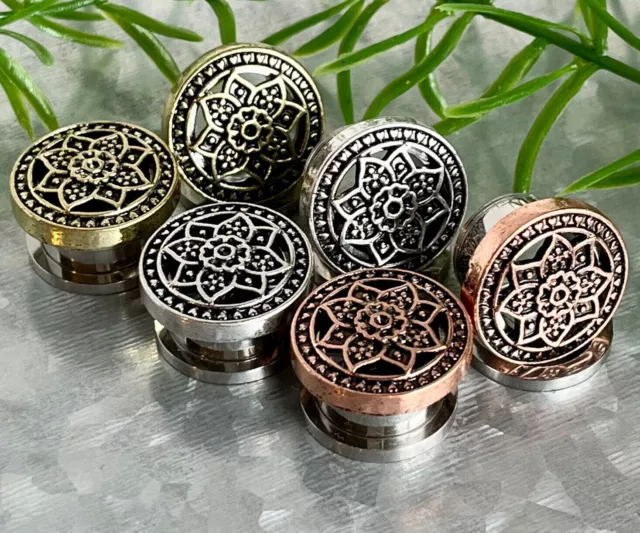 PAIR Gold, Silver or Bronze Tribal Lotus Top Steel Screw Fit Flesh Tunnels Plugs